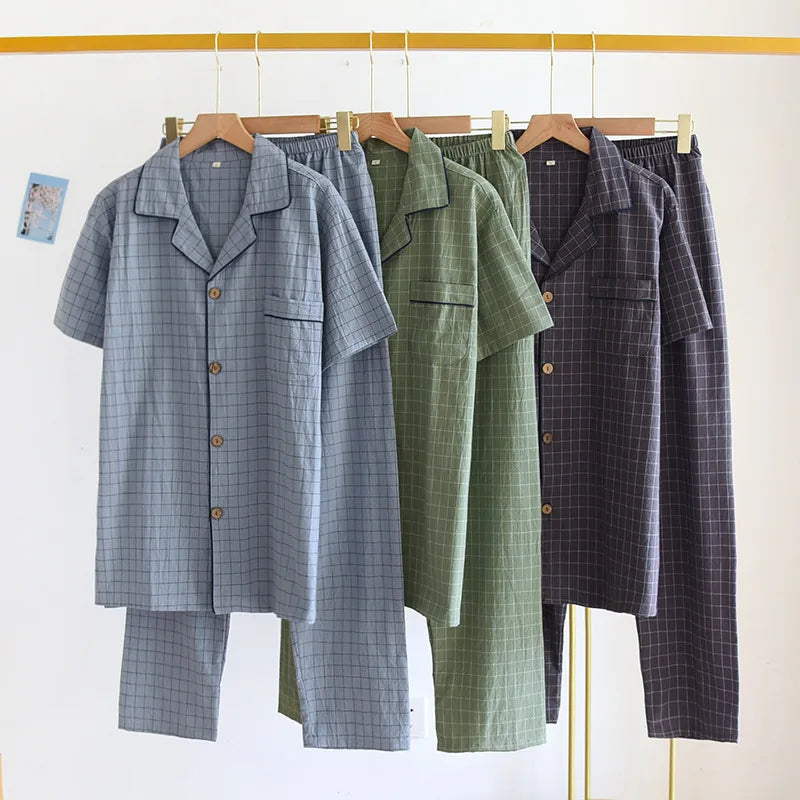 Men's Pajamas Summer Thin Short-sleeved Shorts Cotton Plaid