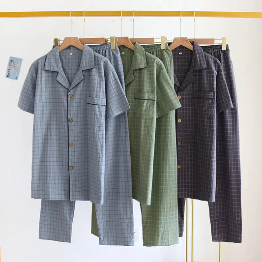 Men's Pajamas Summer Thin Short-sleeved Shorts Cotton Plaid