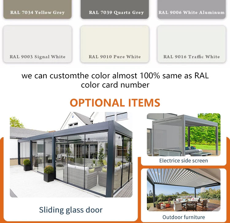 Aluminum pergola, rainproof, electrically adjustable gazebo, electric louvered awning, outdoor patio sunshade.