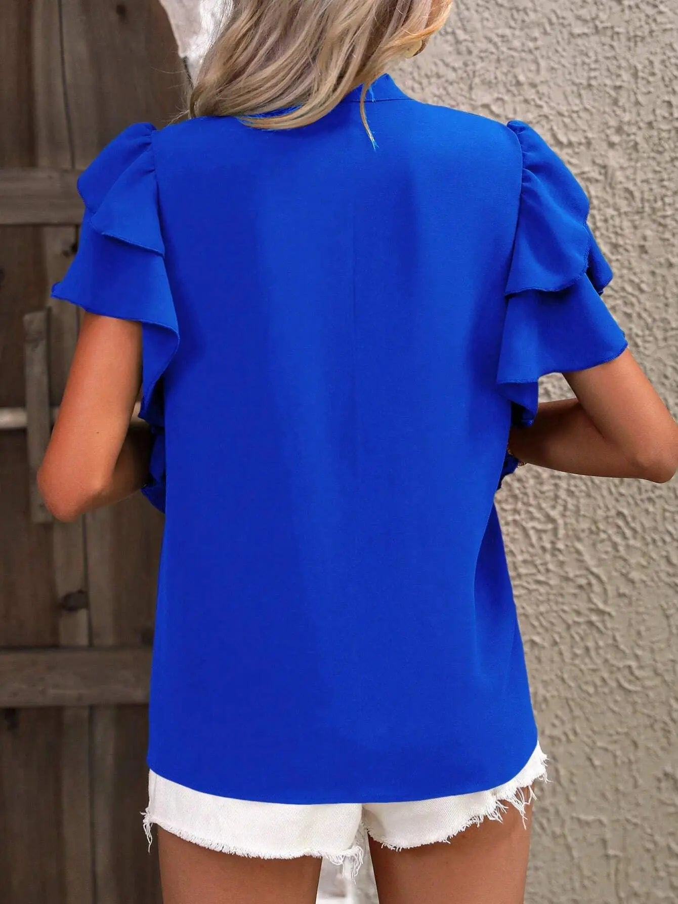 Elegant Women Summer Blouse V-neck Casual Double Layered Ruffle Sleeves