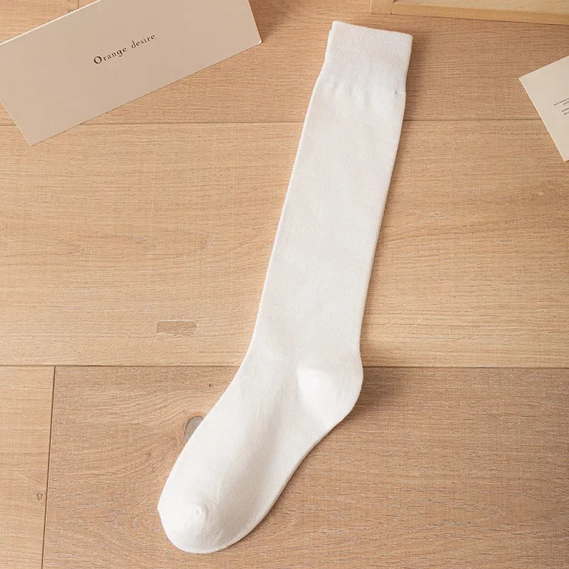 Women's Soft Cotton Knee High Long Socks Black White Solid Calf