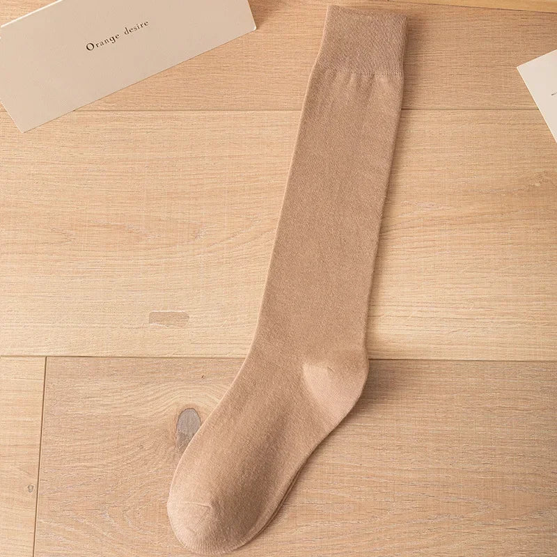 Women's Soft Cotton Knee High Long Socks Black White Solid Calf