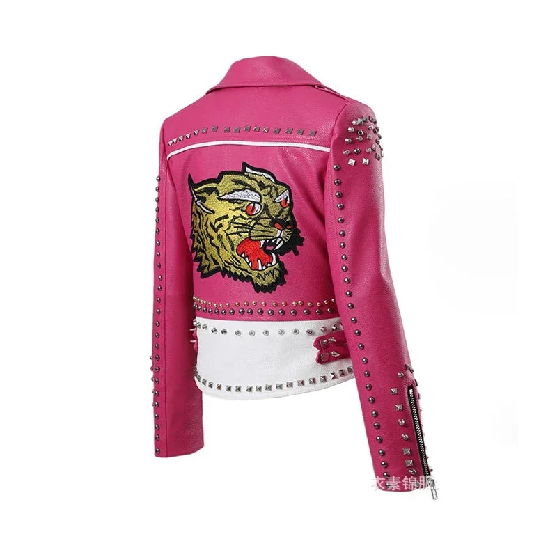 Punk Studded Motorcycle Women Faux Leather Embroidered Jacket