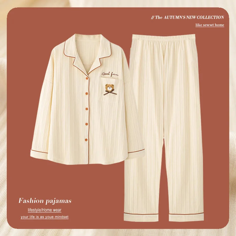 High Quality Large Size Women Cotton Pajamas Button down Tops and Trousers Set Sleepwear Homewear