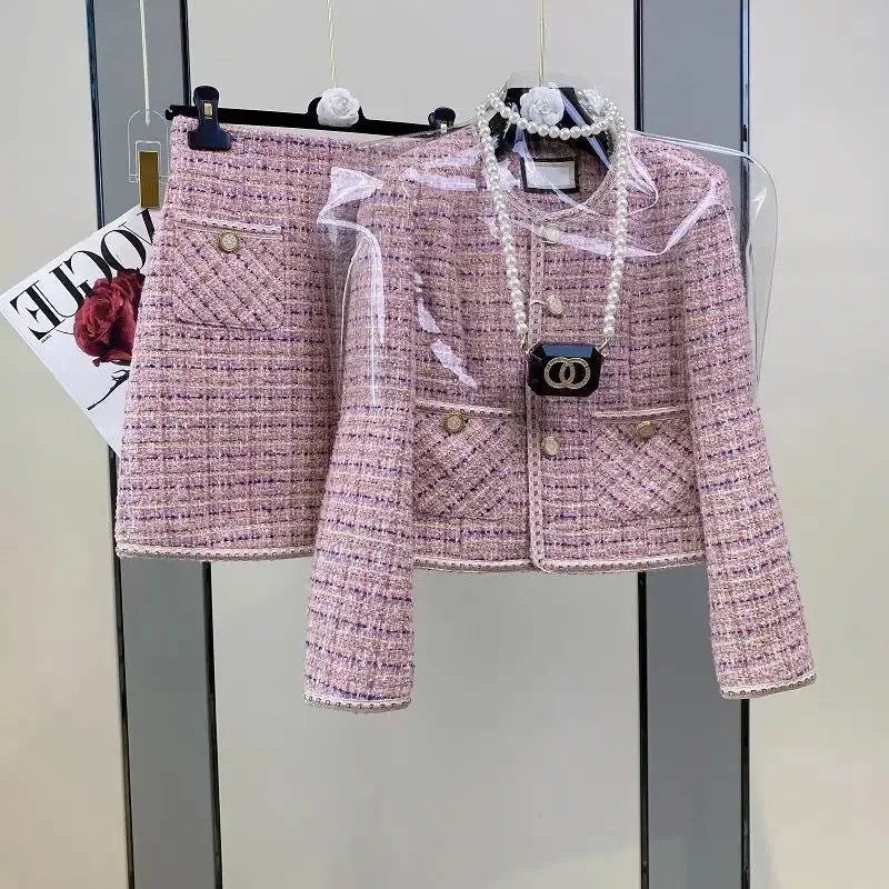 Women Elegant Winter Tweed Fragrant Suit Jacket Coat Top & Skirt Two Piece Set