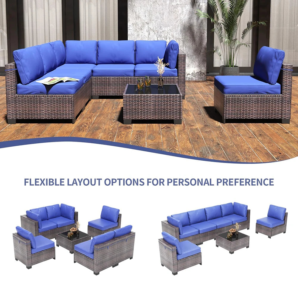 7-Piece PE Rattan Sectional Patio Set, Wicker Outdoor Sofa With Cushions & Glass Coffee Table, Conversation Furniture For Garden