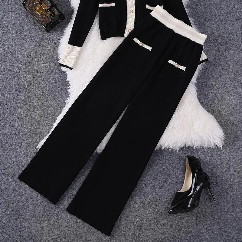 Fashion Knitted Two-Piece Sets Simple V-Neck Single Breasted Cardigan+Loose Wide Leg Pant