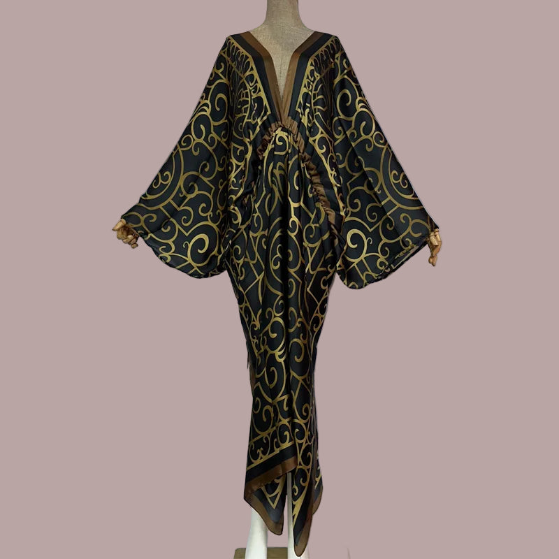 Sexy Silk Long Maxi Robe Women V-neck Bohemian Dress