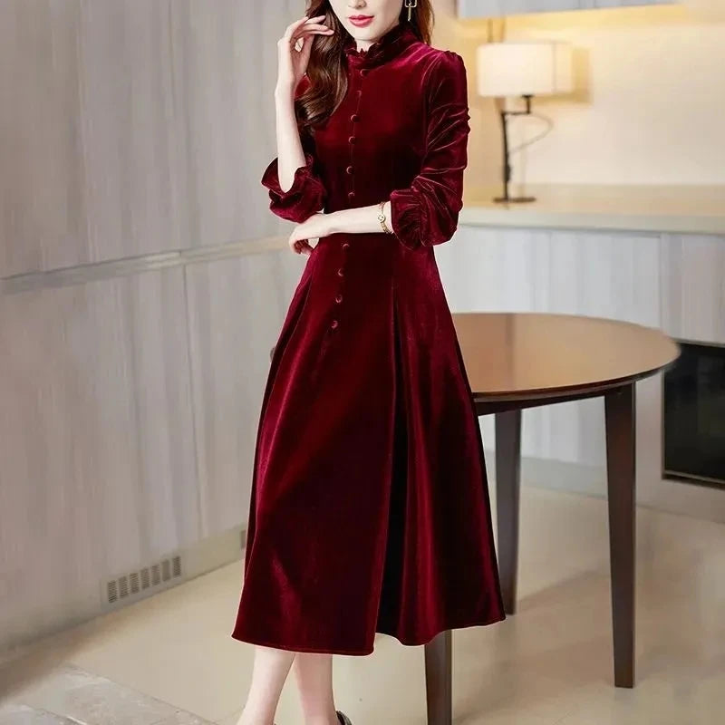 Wine Red Golden Women Velvet Dress Long Sleeved Long Dresses