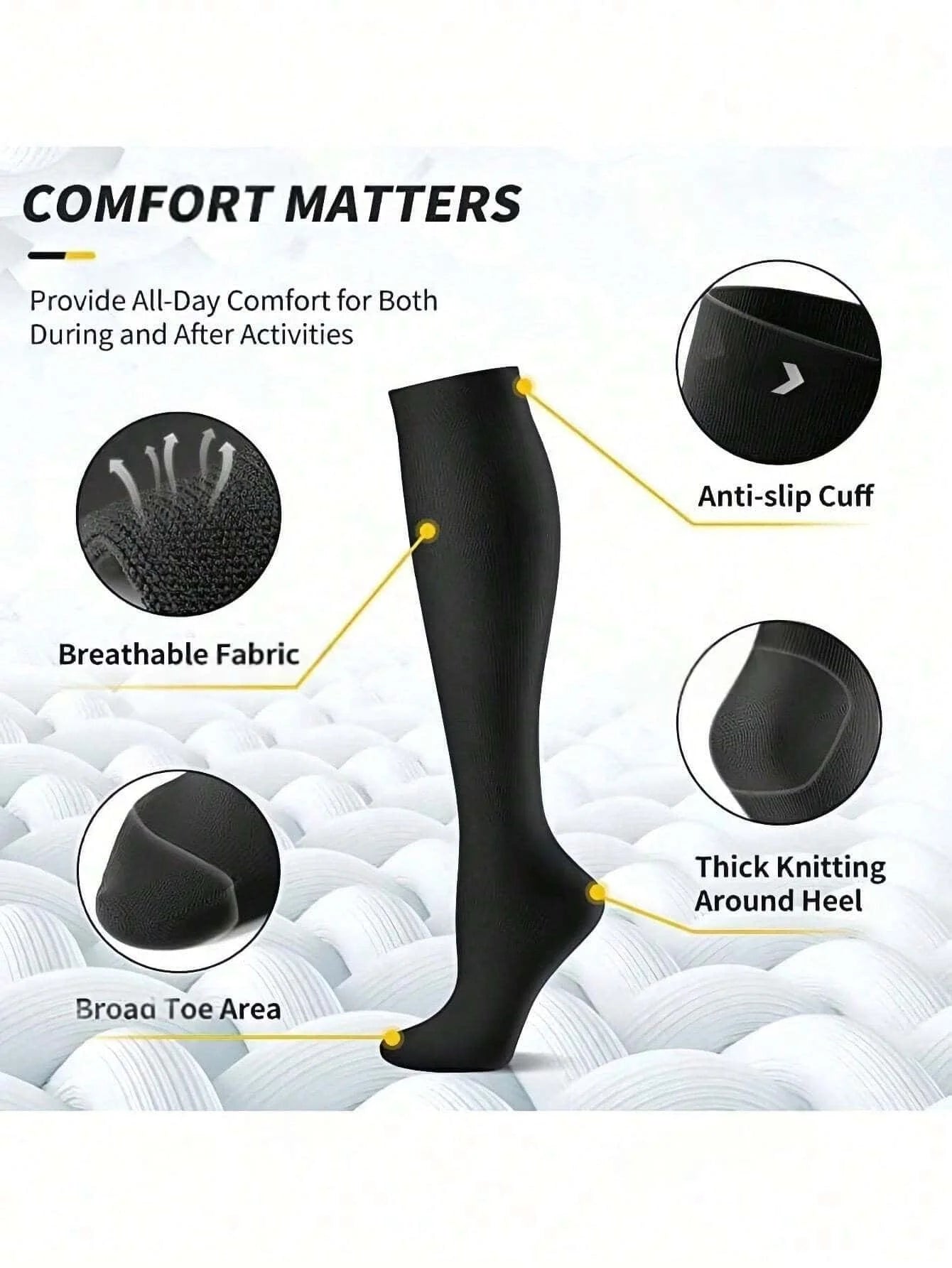 6 Pairs of Compression Socks - Unisex Knee-High Design with Soft & Lightweight Fabric, Low-Pressure Support for Nurses, Running,