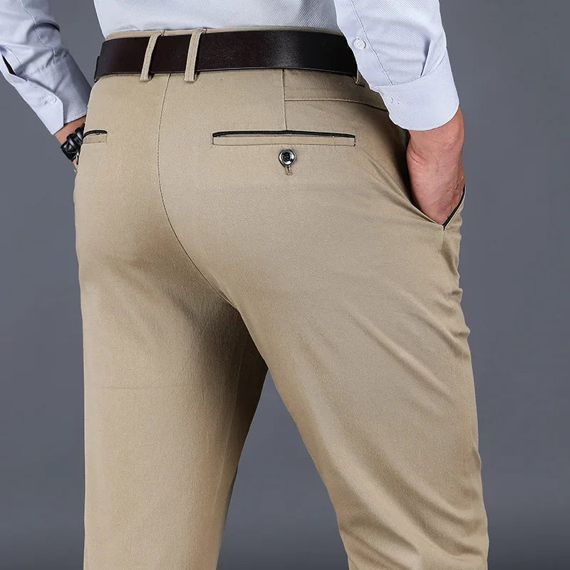 98% Cotton Casual Men's Pants Classic Straight Loose High Waist Elastic Trousers