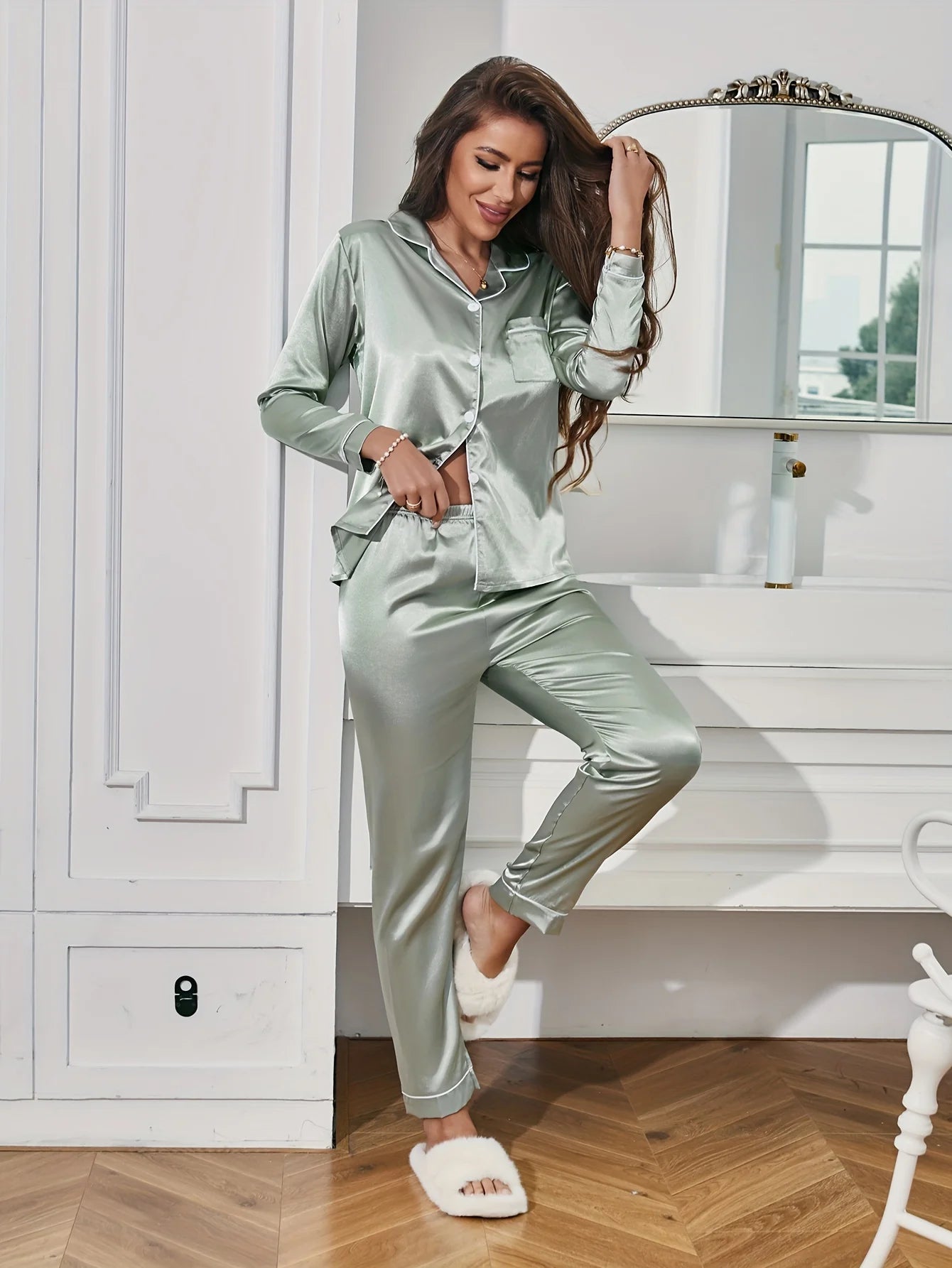 Women Solid Pajama Set Long Sleeve Button Up Lapel Top & Pants