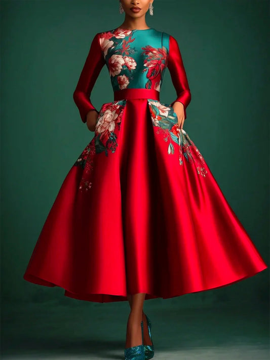 Women Elegant Satin A-Line Long Sleeve Round Neck Floral Printed Pockets Dress