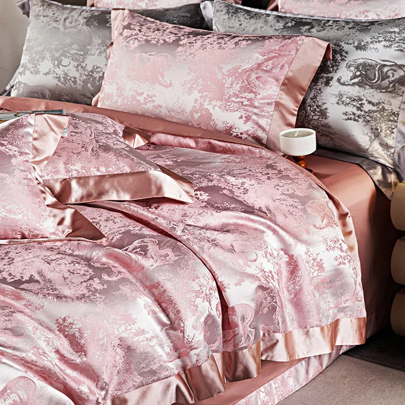 4/6Pcs Luxury Beige Gold Brocade Jacquard Egyptian Cotton Bedding Set Duvet Cover Flat/Fitted Bed Sheet Pillowcases