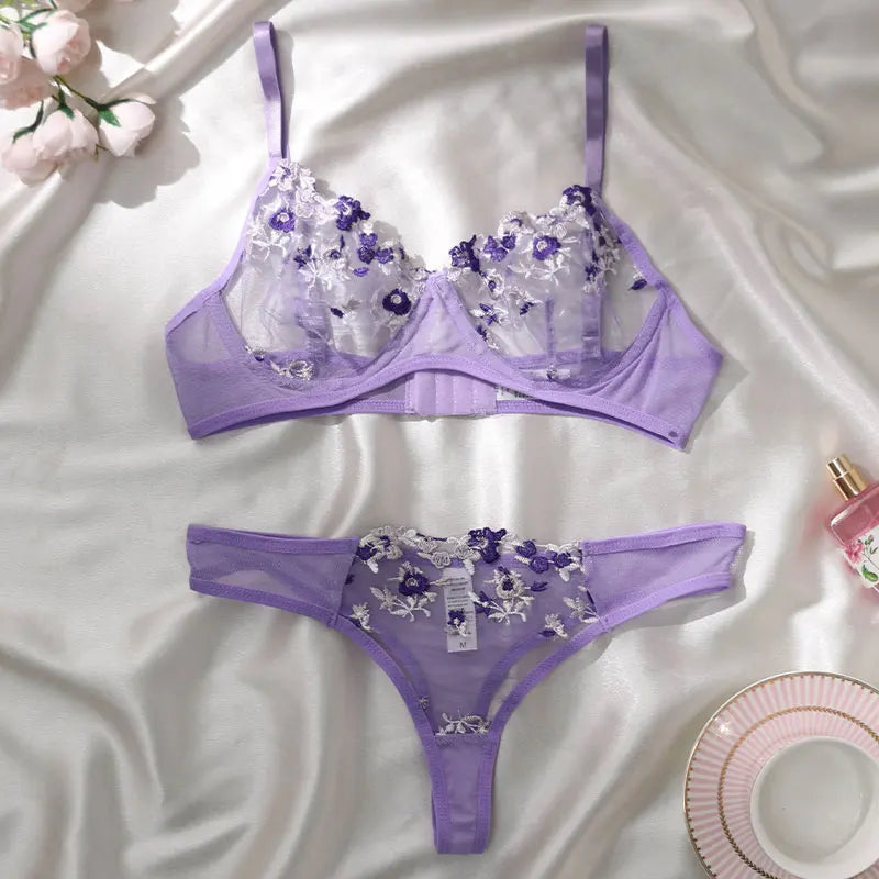Beautiful Women Sexy 2 Piece Floral Embroidery Underwear Sets