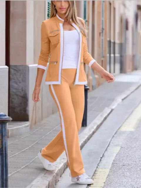 Women Two Piece Sets Zipper Jacket Straight Pants Set