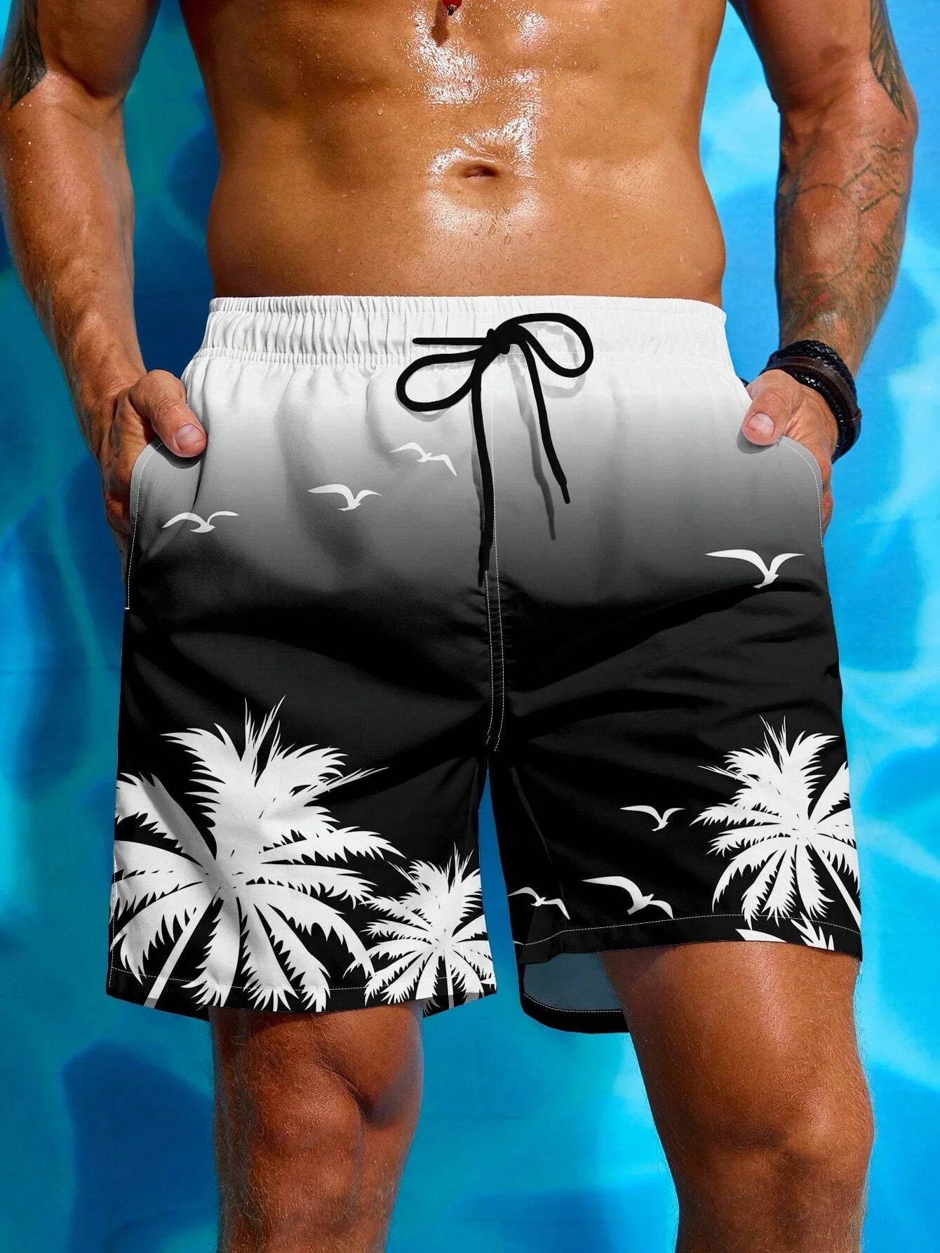 Men's Palm Tree 3D Printed Drawstring Swimming Breathable Shorts
