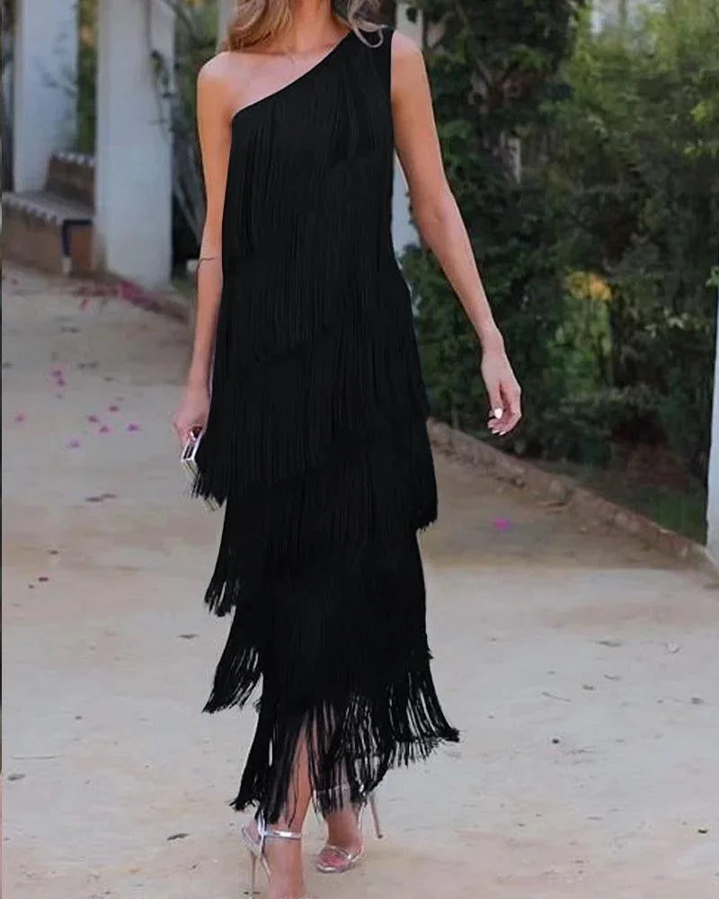 Spring and Summer Women's Fashion Fringed One Shoulder Asymmetrical Dress