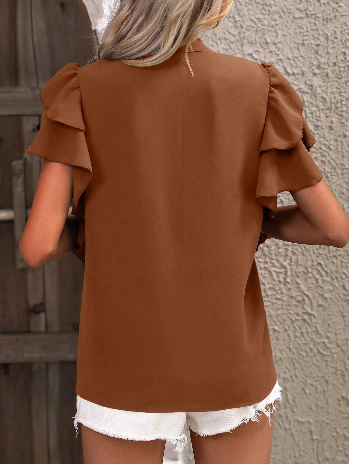 Elegant Women Summer Blouse V-neck Casual Double Layered Ruffle Sleeves