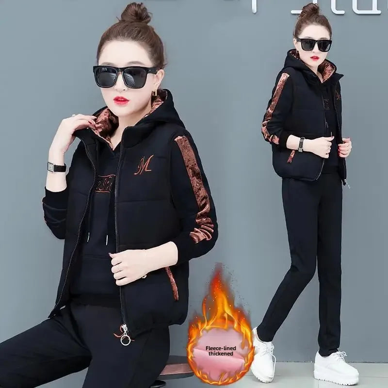 Thickened Fleece Women's Sweatshirt Set Three-piece Casual Sportswear Warm Autumn Winter Plus Size