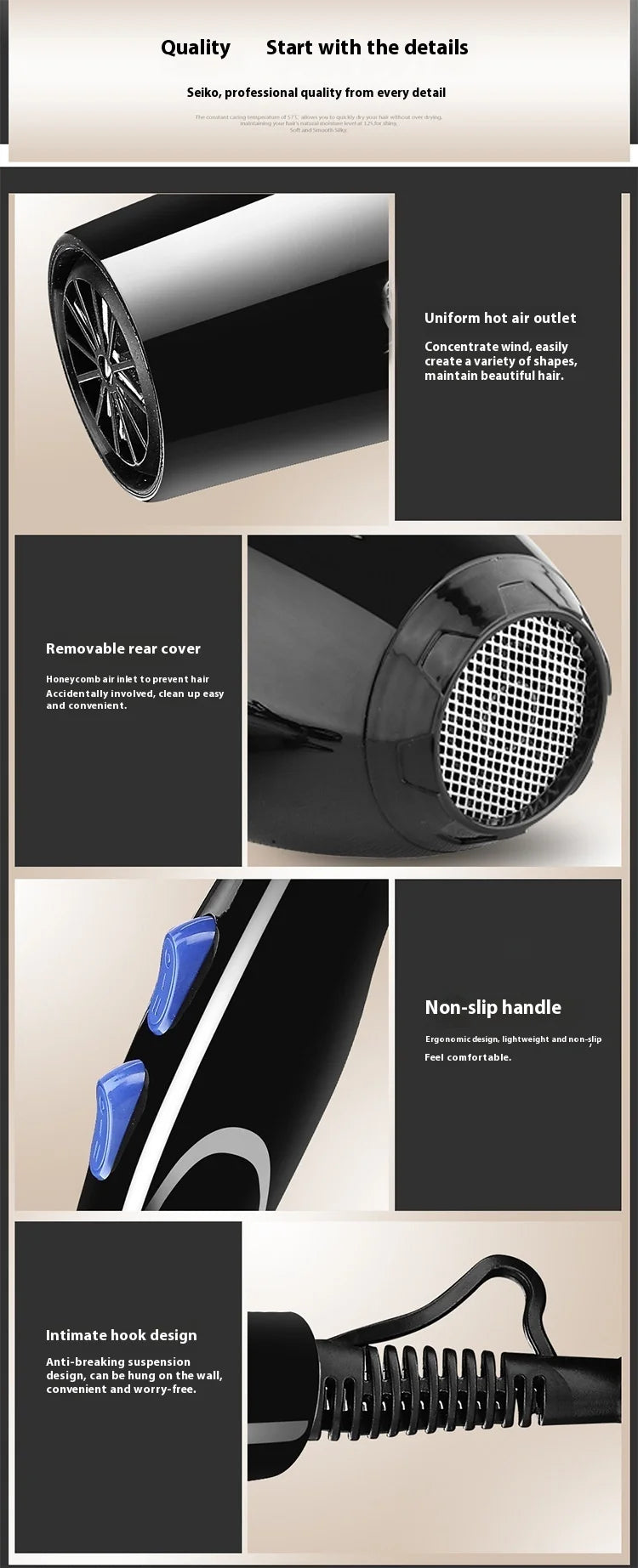 2200W Professional Powerful Hair Dryer Fast Heating Hot And Cold