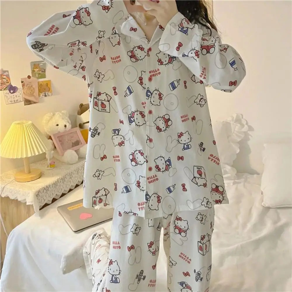 Hello Kitty 2Pcs Pajamas Set for Women Long Sleeve Tops Pants Loungewear