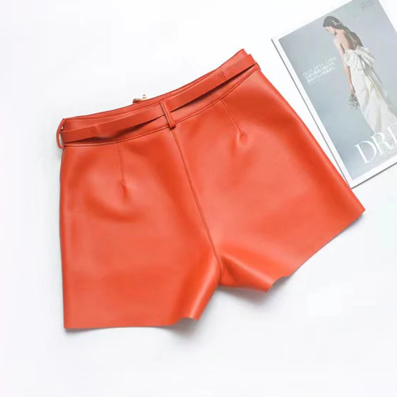 Real Sheepskin Leather Women Shorts