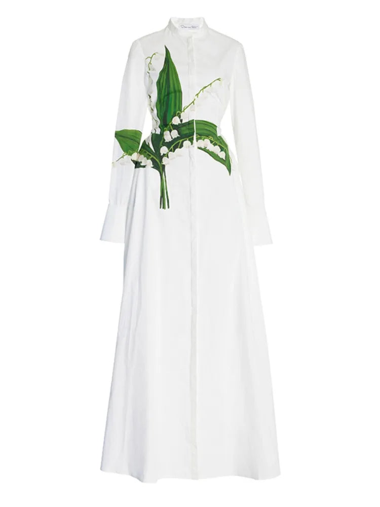 Women's Summer Spring Floor Length A-line Dress Round Neck Long Sleeve Buttoned Floral Printed