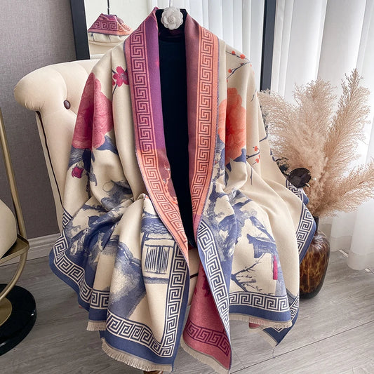 Women Luxury Winter Warm Ink Wash painting Scarf Pashmina Shawl