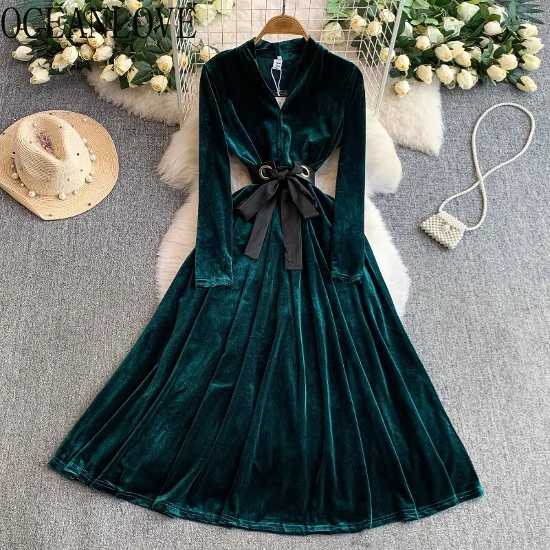 Women Winter Elegant Velvet Dress Evening Party Long Dress