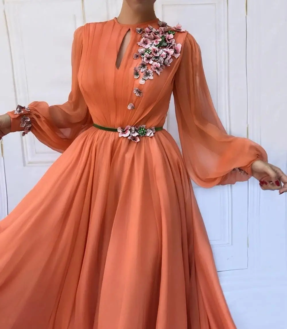 Elegant Women Prom Dresses Floral Appliques O-Neck A-Line Evening Gowns Fashion Sashes Long Sleeves Orange Party Dresses