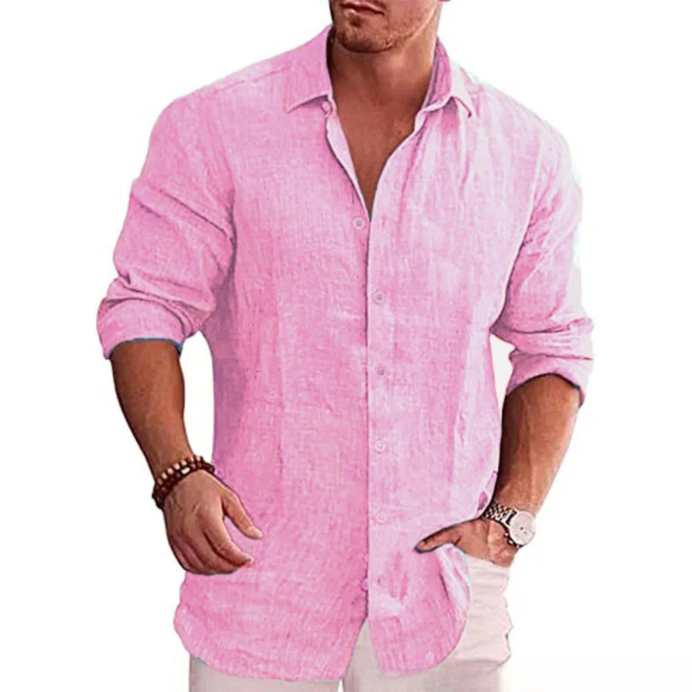 Autumn Men's Long Sleeve Shirt Cotton Linen Breathable Solid Color Casual Style Plus Size