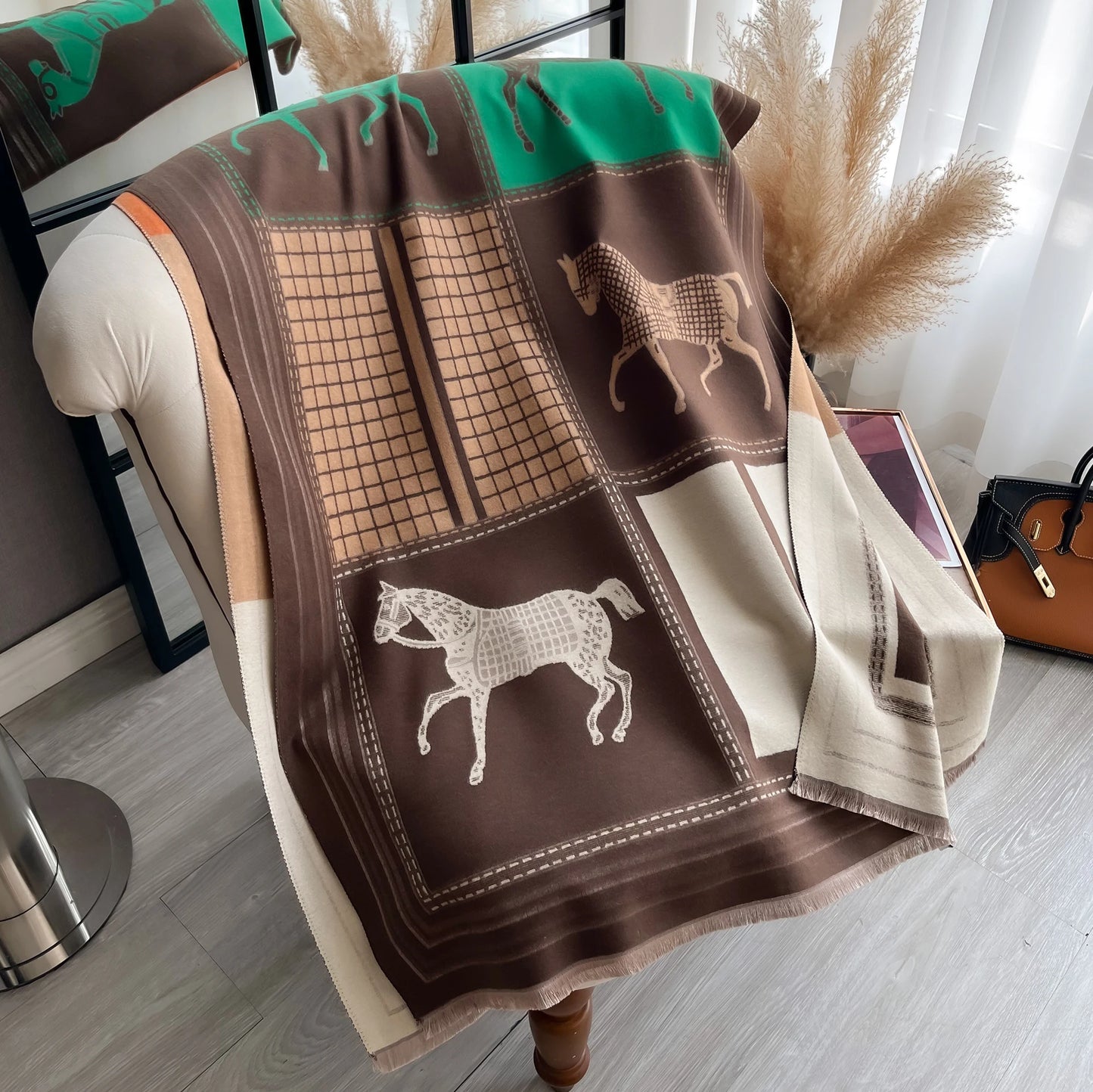 Luxury Women Thick Winter Cashmere Scarf Horse Print Warm Pashmina Poncho