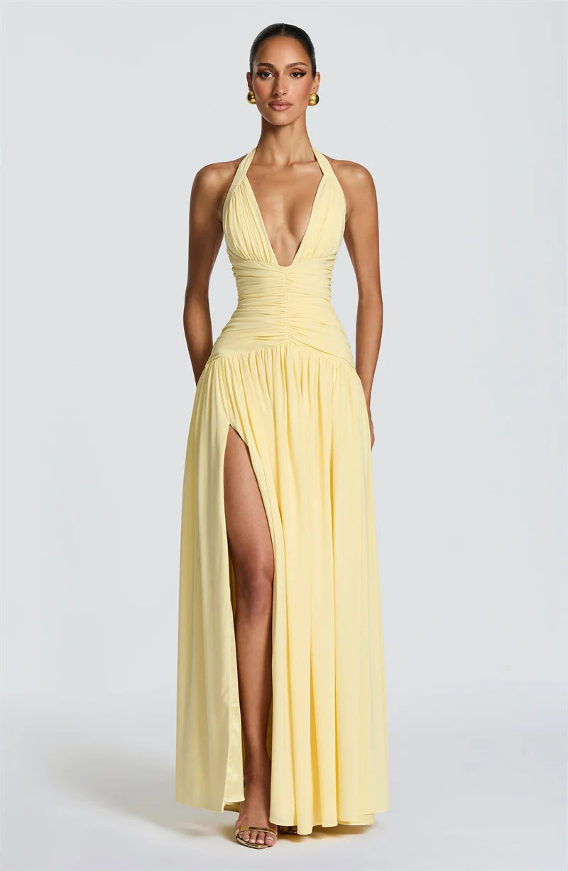 Elegant Halter Deep V Neck Sexy Maxi Women Dress Off-shoulder Sleeveless