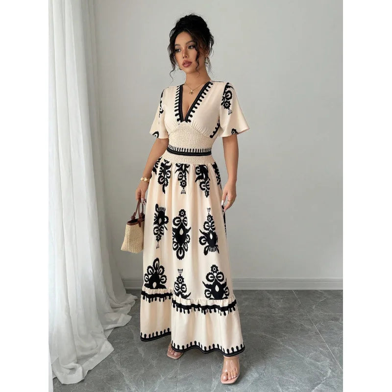 Women Summer Long Dress Vintage Print Maxi Gown V Neck Short Sleeve Tight Waist A Line