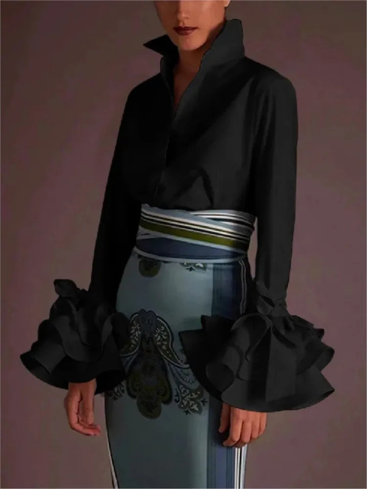 Women Fashion Lapel Long-sleeved Single-breasted Shirt