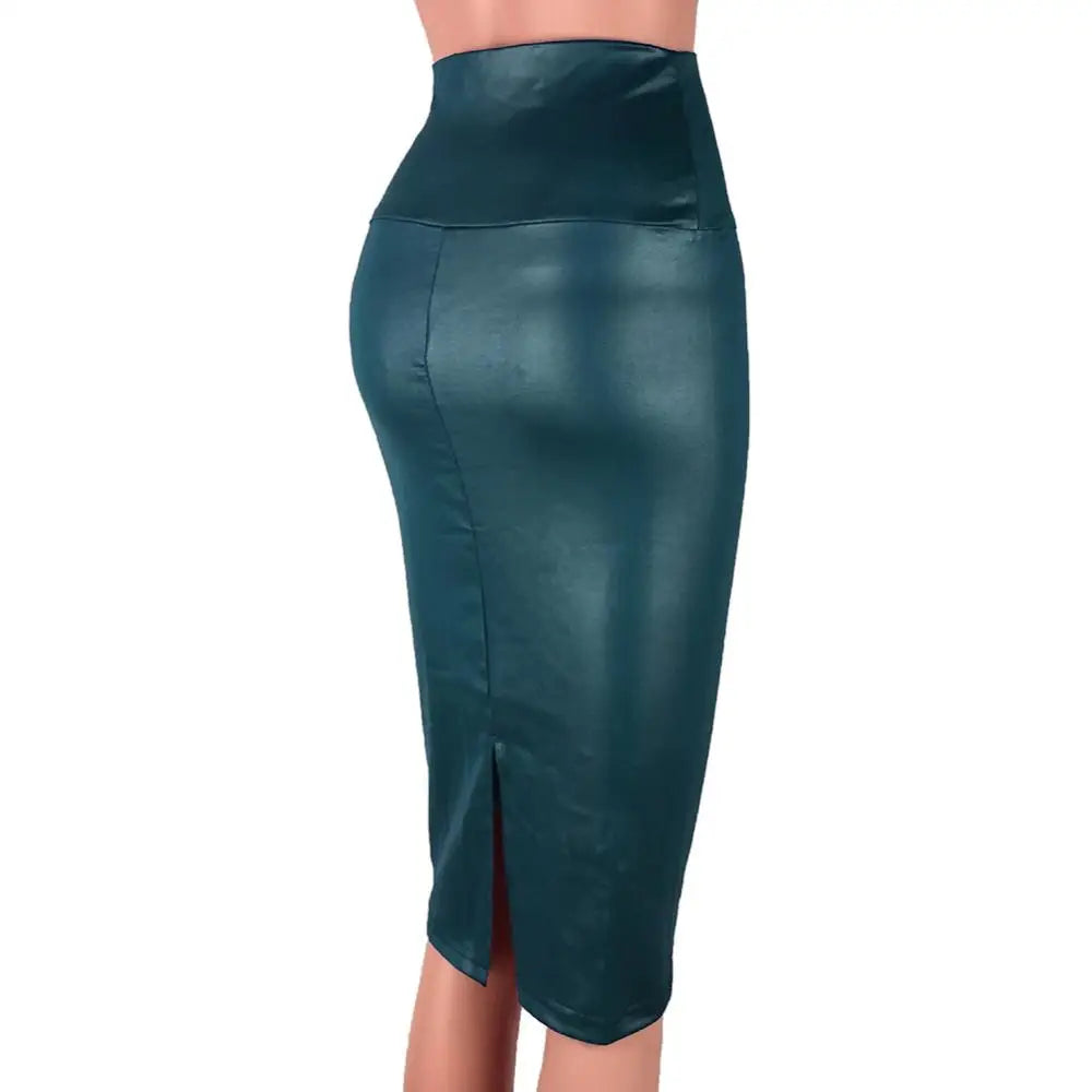 Elegant High Waist Split Faux Women Leather Pencil Skirt Knee Length