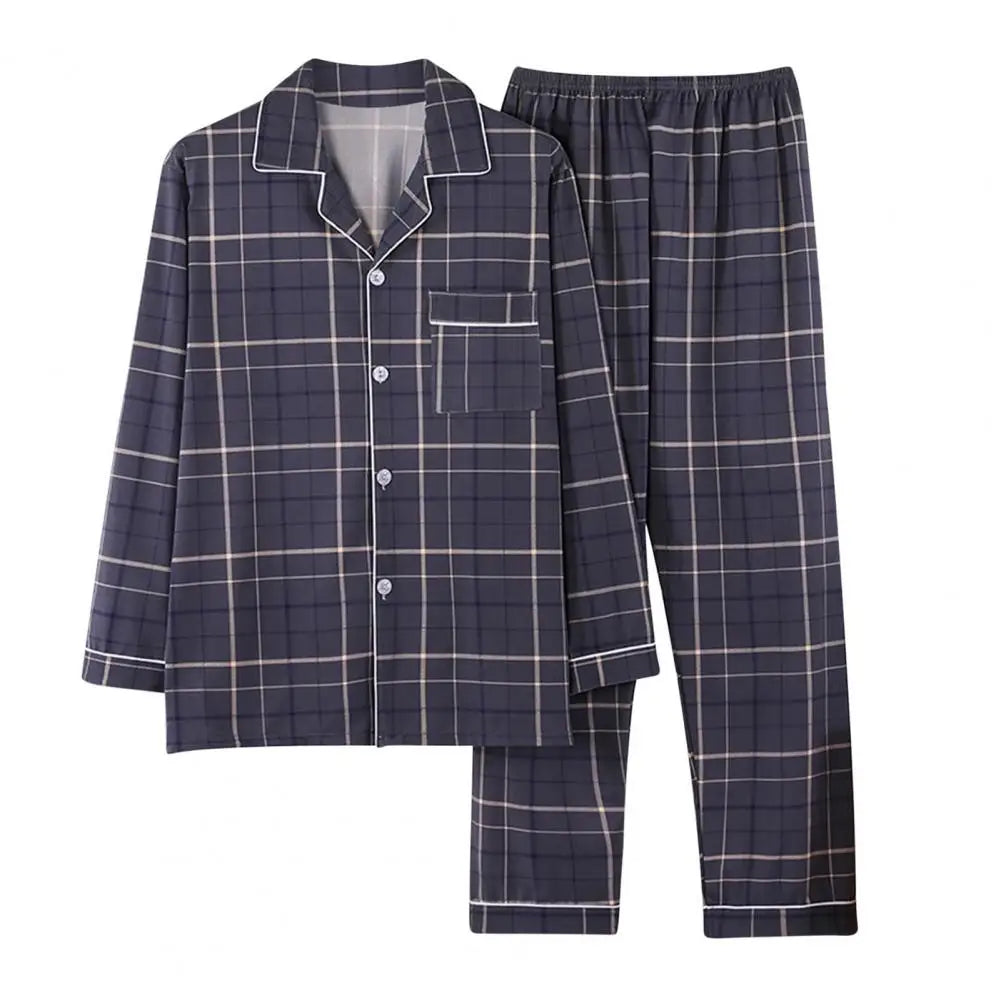 2Pcs/Set Men Pajamas Set Lapel Long Sleeve Single Breasted Tops Elastic Waist Long Pants Set Plaid Print Cotton Linen Sleepwear