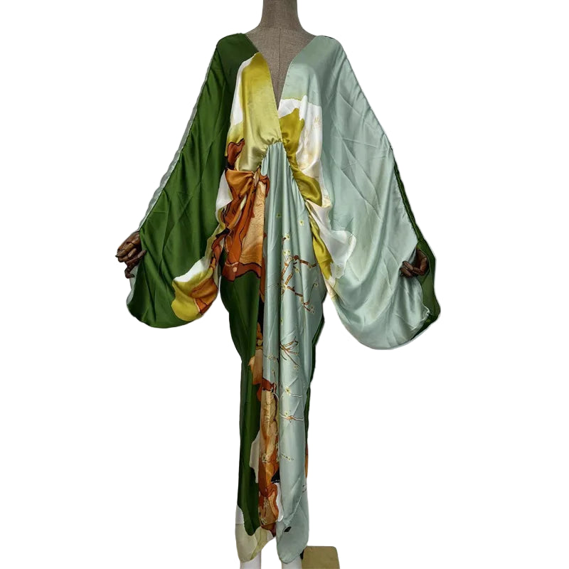 Sexy Silk Long Maxi Robe Women V-neck Bohemian Dress