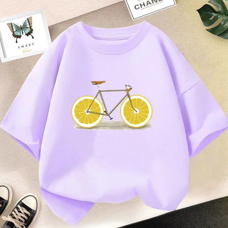 Kids T Shirt Cute Lemon Fruit Cartoon Bike Printed Tops Tee Short Sleeve Graphic Summer Fashion Boy Girl Clothing Unisex T-shirt