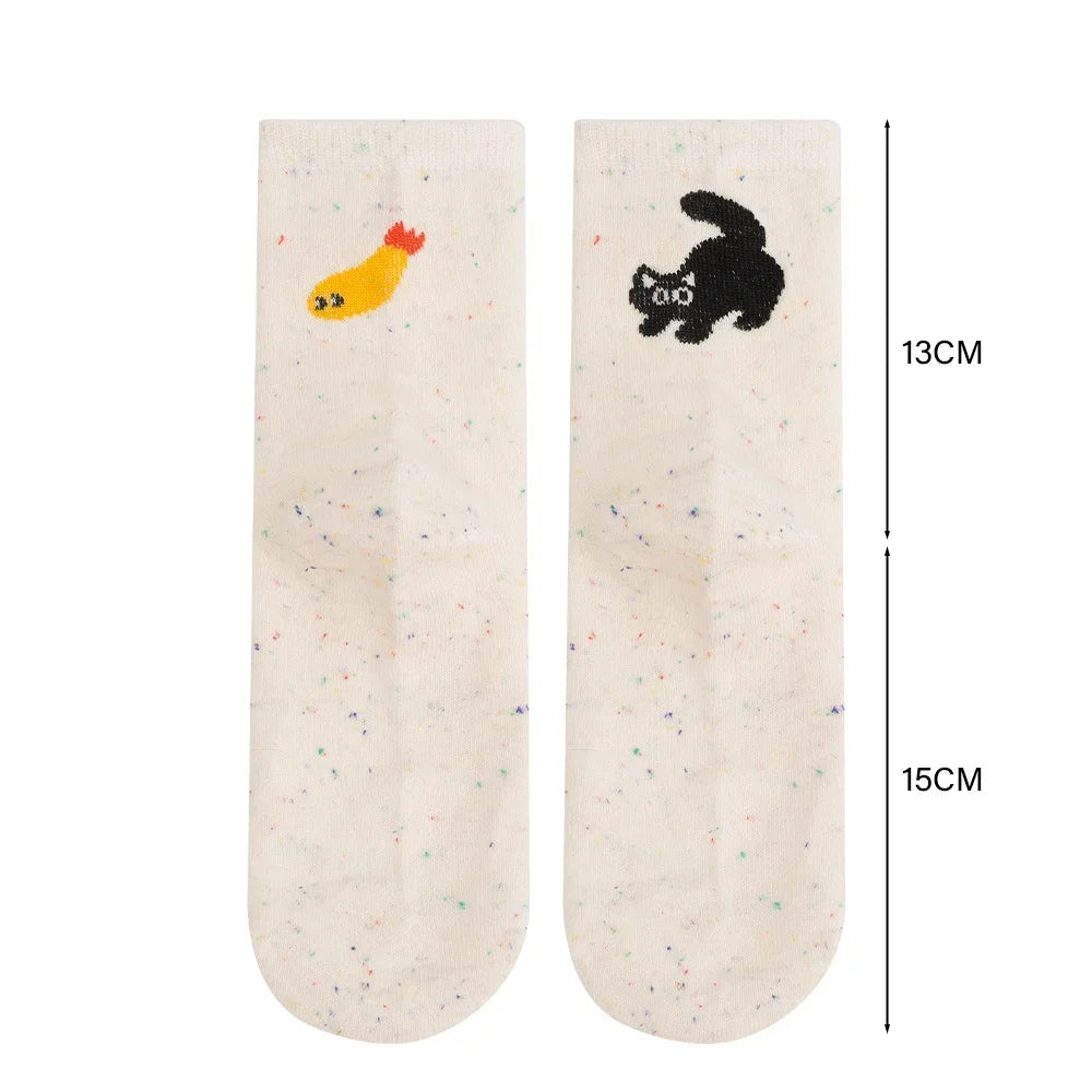 1/2pairs Cartoon Cat Fish Pattern Middle Tube Socks Soft Thermal Warm Crew Sock