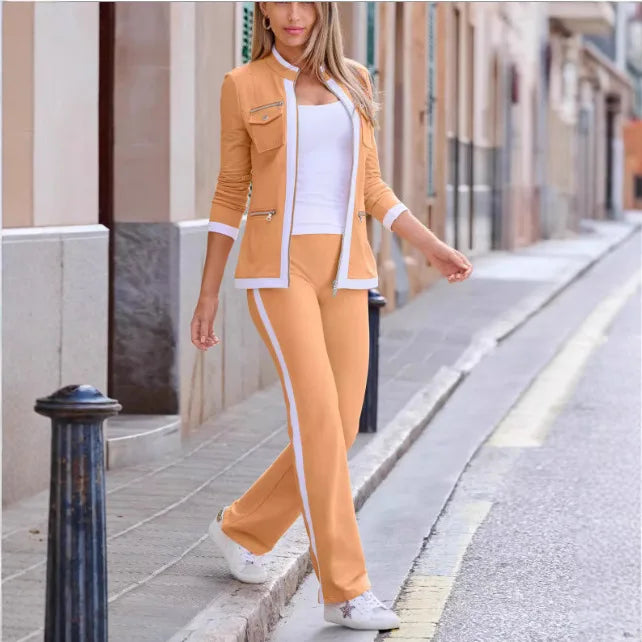 Spring Autumn Two Piece Women Suit Pencil Pant & Zipper Sweater