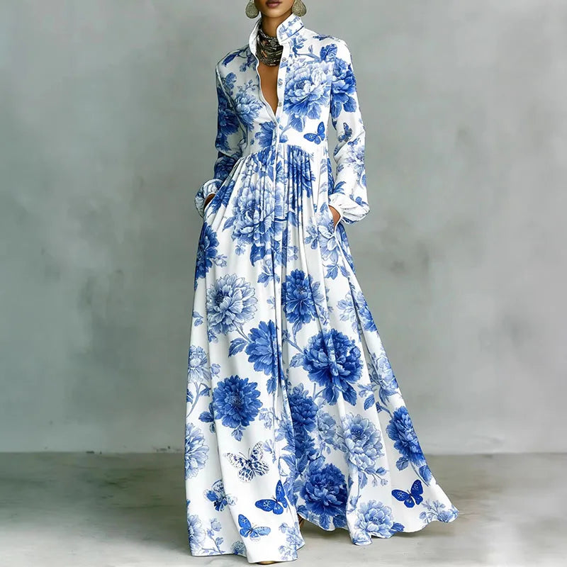 Retro Pattern Print High Waist Pleated Women Boho Dress Spring Shirt Collar Button Pockets Maxi Dress Long Sleeve