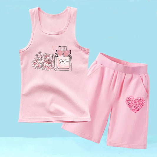 Summer Girls 2PCS Vest Set Perfume Bottle Print Sleeveless Top and Shorts