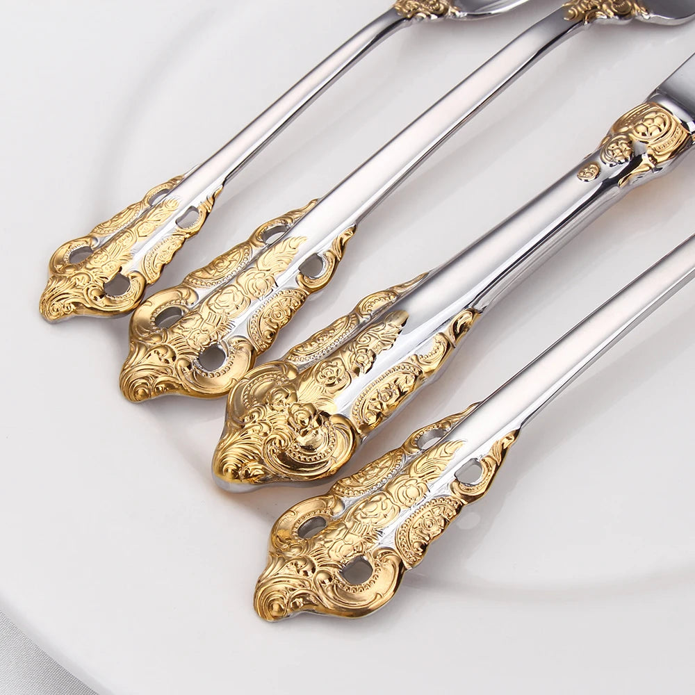 Stainless Steel Silver Flatware Set, Vintage Cutlery, Hollow Handle, Silverware for Wedding, Baroque, 18/10, Glossy Gold