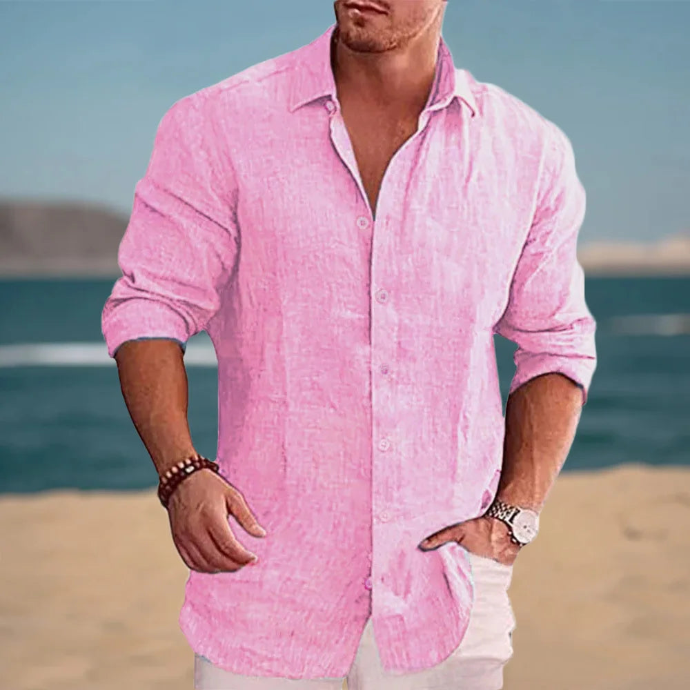 Autumn Men's Long Sleeve Shirt Cotton Linen Breathable Solid Color Casual Style Plus Size