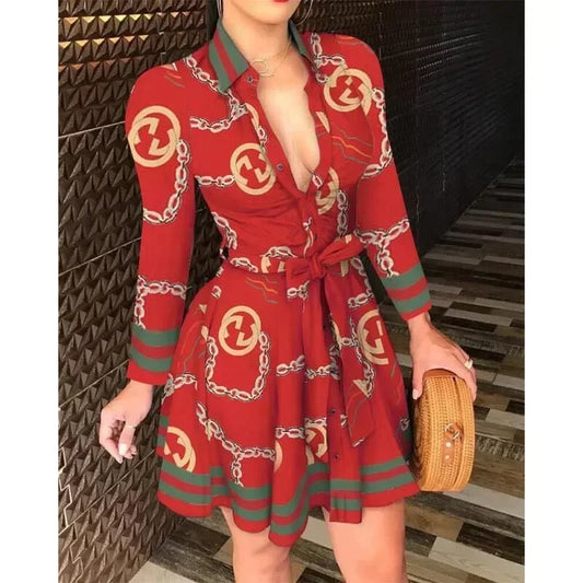Elegant Casual Long Sleeved Dress With Buttons and Lapels