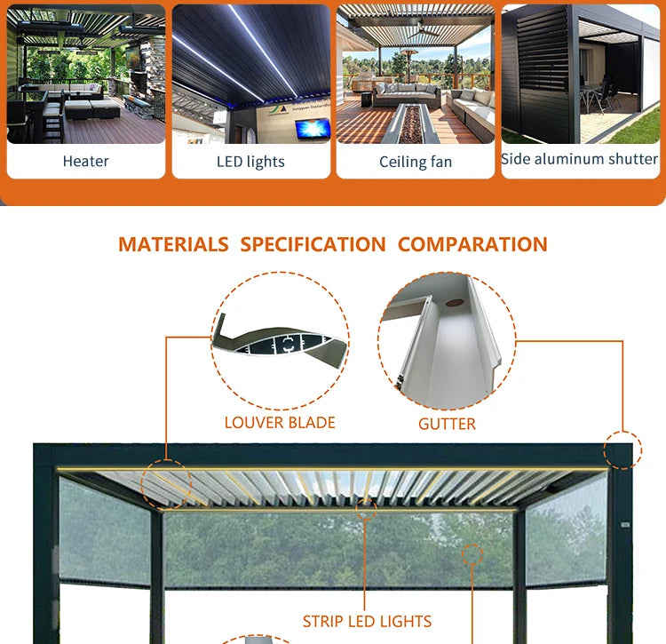 Aluminum pergola, rainproof, electrically adjustable gazebo, electric louvered awning, outdoor patio sunshade.