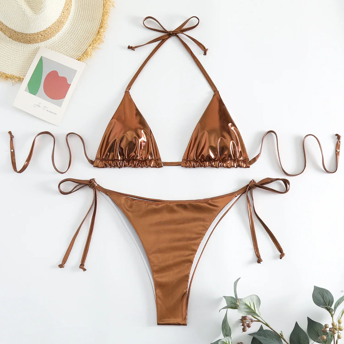 sexy metallic string halter micro mini bikini sets two pieces 2024 women thong swimsuit female bathing suit swimwear biquini