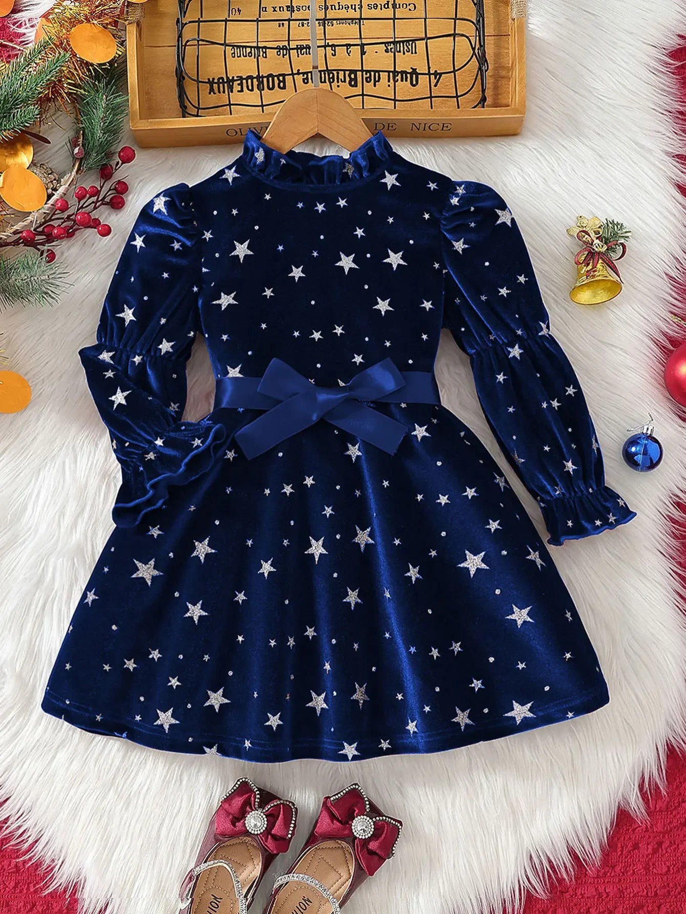 Girl Christmas Star Print Velvet Dress Ruffle Neck Puff Long Sleeve Belted Kids Party Dress